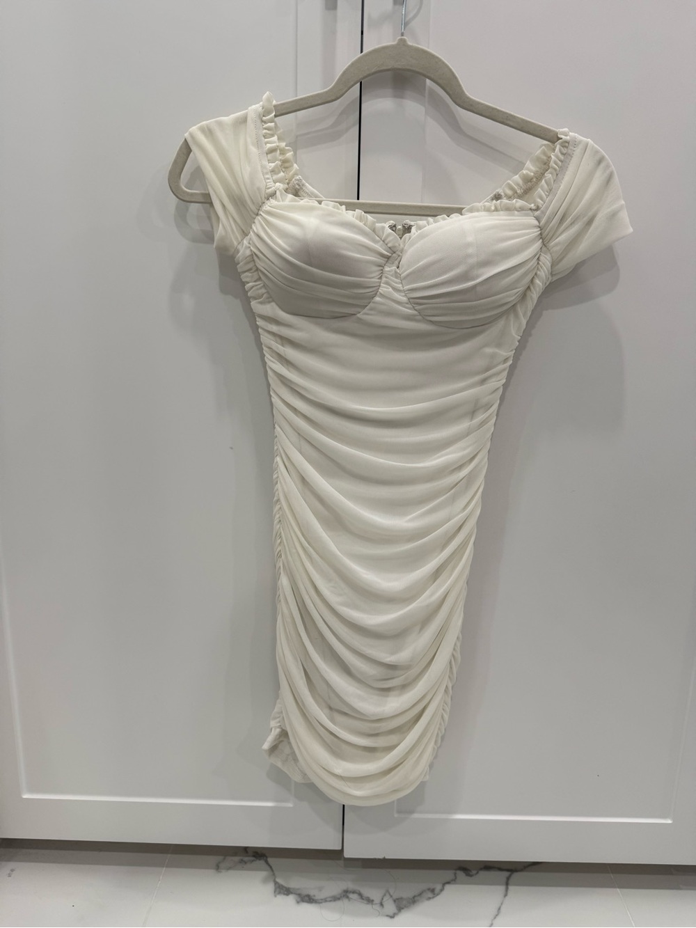 chic Ruched Off-Shoulder Mini Dress in Ivory